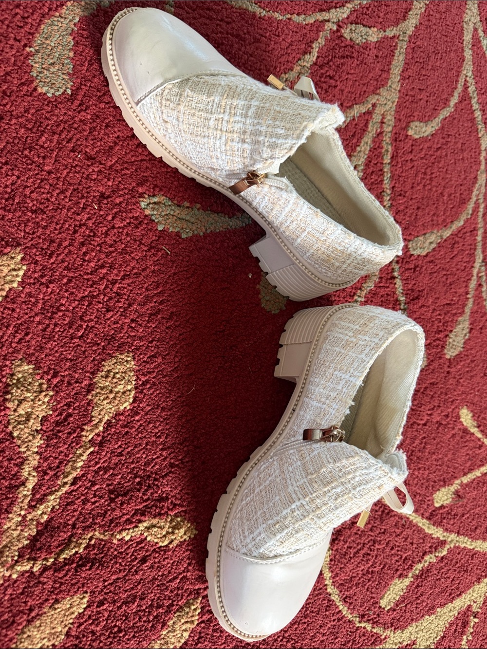 Women's Cream Tweed Slip-On Chunky Loafers with Gold Accent